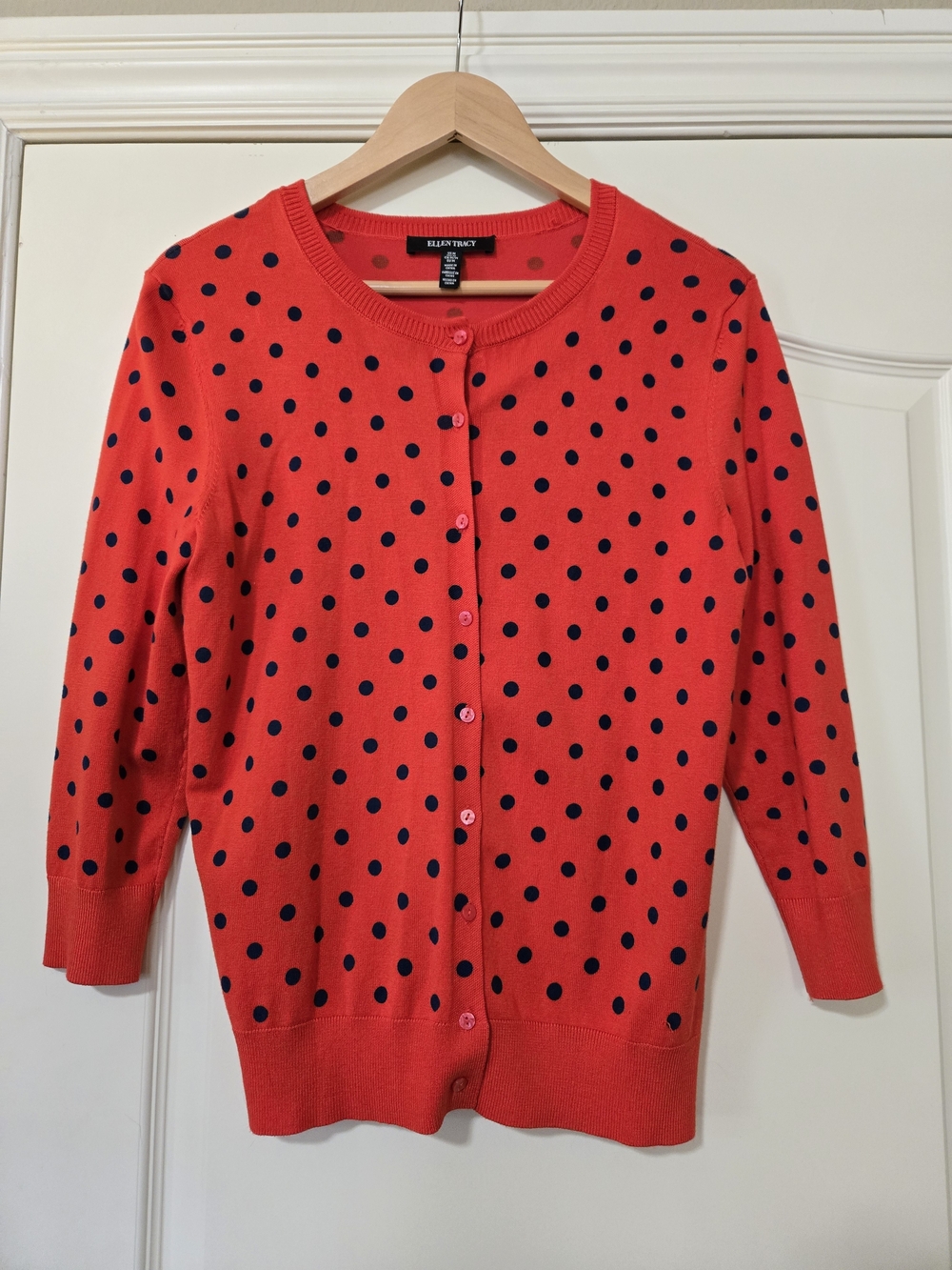 Ellen Tracy Red Cardigan with Navy Polka Dots Cozy Fall